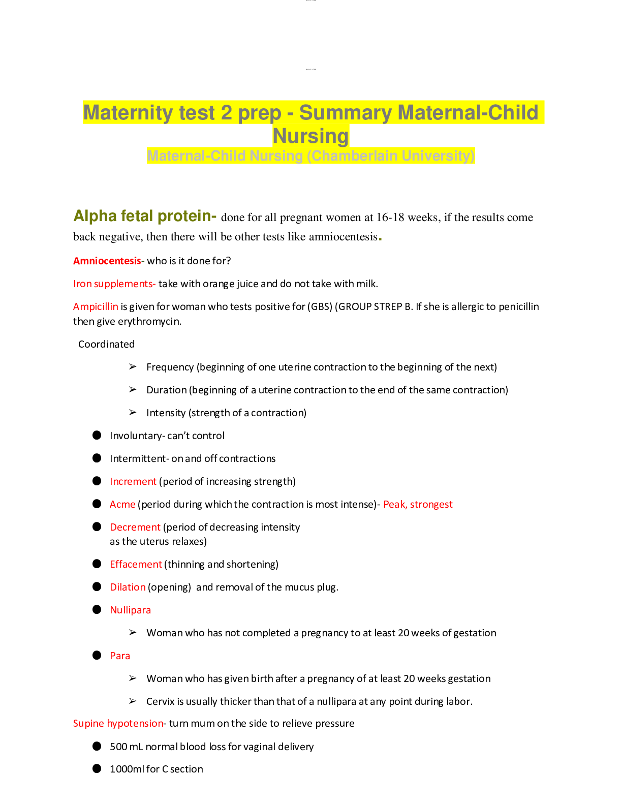 Preview image for Maternity test 2 prep - Summary Maternal-Child Nursing Maternal-Child Nursing (Chamberlain University)